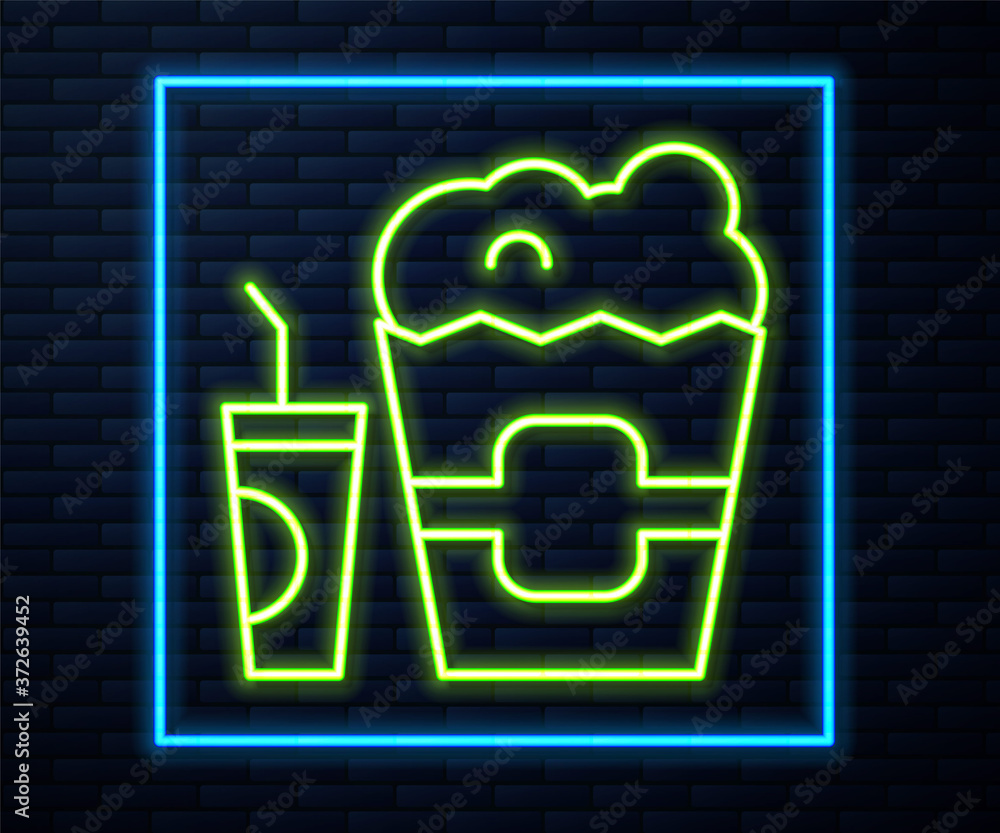 Glowing neon line Popcorn in cardboard box and paper glass with drinking straw and water icon isolated on brick wall background. Soda drink glass. Vector. Glowing neon line Popcorn in cardboard box and paper glass with drinking straw and water icon isolated on brick wall background. Soda drink glass. Vector.
