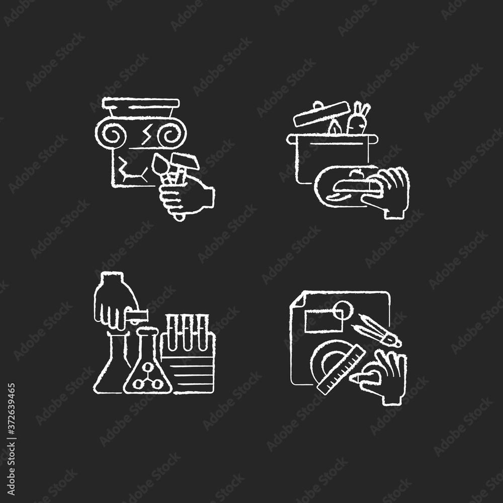 Handmade chalk white icons set on black background. House renovation. Building restoration. Home cook. Chemistry and science project for school. Design scheme. Isolated vector chalkboard illustrations Handmade chalk white icons set on black background. House renovation. Building restoration. Home cook. Chemistry and science project for school. Design scheme. Isolated vector chalkboard illustrations