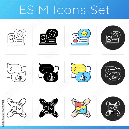 Communication skills icons set. Linear, black and RGB color styles. Different professional talents and personal traits. Team building exercise, criticism and feedback. Isolated vector illustrations