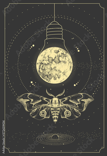 Modern magic witchcraft taros card with butterfly and full moon like light bulb on outer space background. Vector illustration