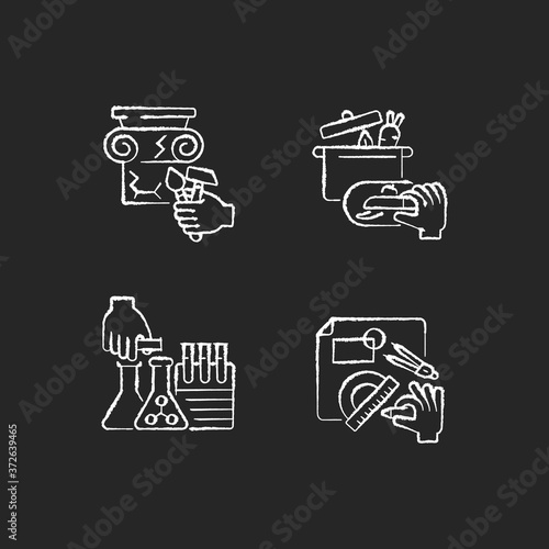 Handmade chalk white icons set on black background. House renovation. Building restoration. Home cook. Chemistry and science project for school. Design scheme. Isolated vector chalkboard illustrations
