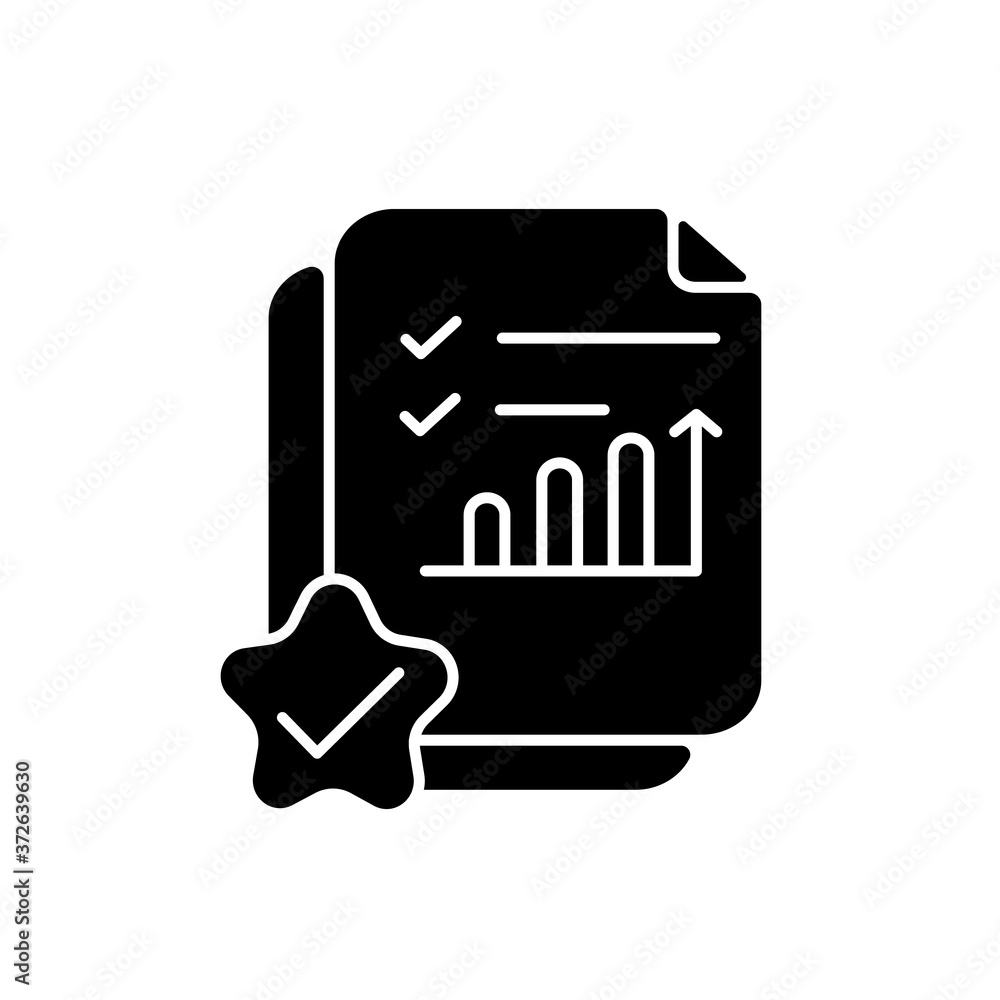 Accounting document black glyph icon. Positive review. Report on growing financial chart. Analyze business graph. Survey poll. Silhouette symbol on white space. Vector isolated illustration Accounting document black glyph icon. Positive review. Report on growing financial chart. Analyze business graph. Survey poll. Silhouette symbol on white space. Vector isolated illustration