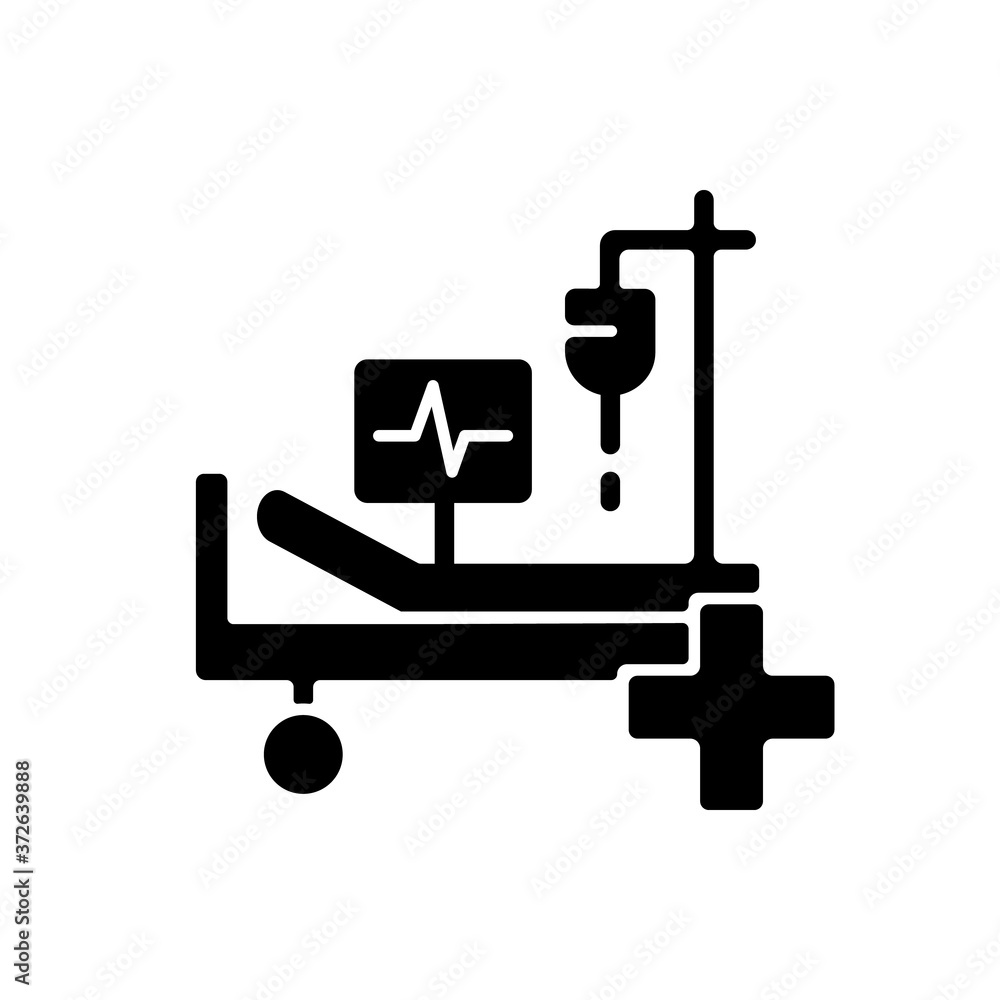 Intensive care black glyph icon. Critical care medicine. ICU. Hospital ward. Intensive treatment and close monitoring. Resuscitation. Silhouette symbol on white space. Vector isolated illustration Intensive care black glyph icon. Critical care medicine. ICU. Hospital ward. Intensive treatment and close monitoring. Resuscitation. Silhouette symbol on white space. Vector isolated illustration