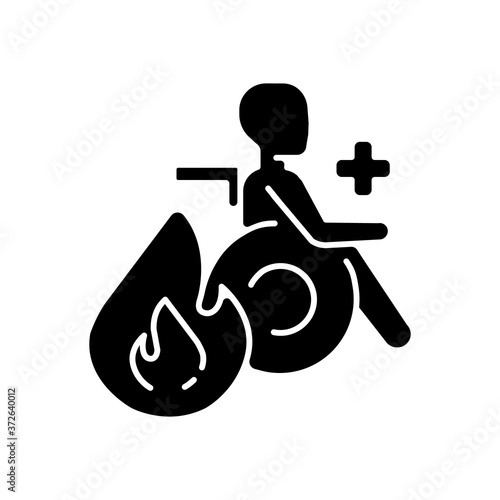 Burn center black glyph icon. Burn unit. Patient with burns treatment and recovery. Skin injury. Medical healthcare. Healing center. Silhouette symbol on white space. Vector isolated illustration