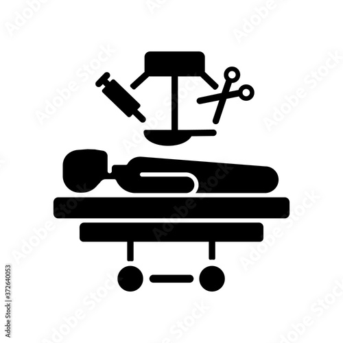 Surgery black glyph icon. Medical operation. Surgical procedures. Body injuries treatment. Surgical instruments. Medical care. Silhouette symbol on white space. Vector isolated illustration