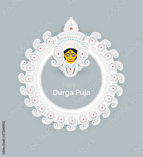 Creative Happy Durga Puja Festival Greeting Background, Creative Goddess Durga Face Illustration