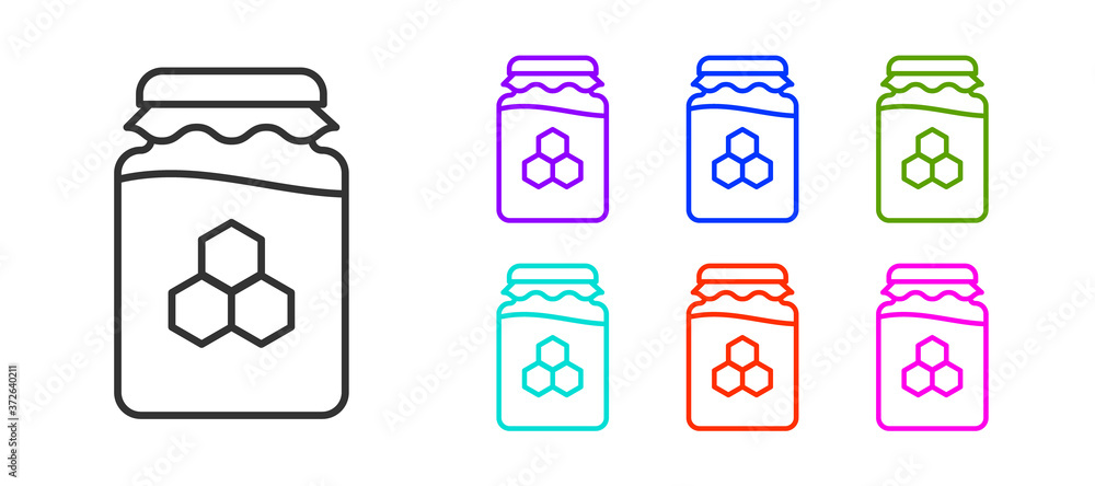 Black line Jar of honey icon isolated on white background. Food bank. Sweet natural food symbol. Set icons colorful. Vector. Black line Jar of honey icon isolated on white background. Food bank. Sweet natural food symbol. Set icons colorful. Vector.