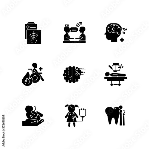 Healthcare services black glyph icons set on white space. Maternity and psychiatric ward. Burn center. CT scan. Counseling. Cosmetic surgery. Silhouette symbols. Vector isolated illustration