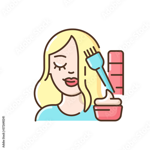 Hair colouring RGB color icon. Permanent and temporary hair dyeing. Makeover. Beauty parlor. Hairdresser services. Beauty procedures. Beautician services. Isolated vector illustration