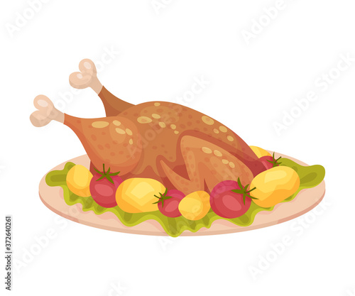 Roasted Turkey Served on Plate with Potatoes and Tomatoes as Thanksgiving Day Attribute Vector Illustration