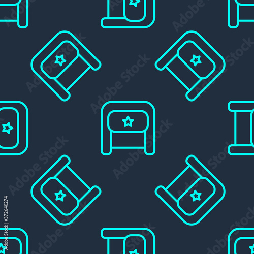 Green line Ushanka icon isolated seamless pattern on blue background. Russian fur winter hat ushanka with star. Soviet Union uniform of KGB and NKVD. Vector.