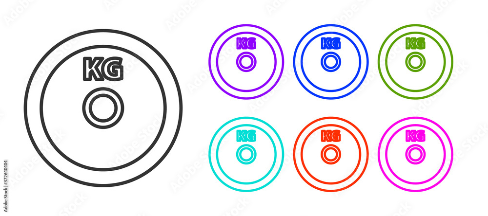 Black line Weight plate icon isolated on white background. Equipment for bodybuilding sport, workout exercise and fitness. Set icons colorful. Vector. Black line Weight plate icon isolated on white background. Equipment for bodybuilding sport, workout exercise and fitness. Set icons colorful. Vector.