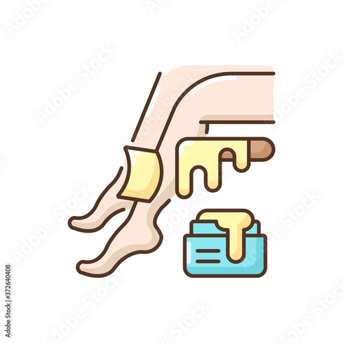 Waxing RGB color icon. Unwanted hair removal. Depilation and epilation. Sugaring procedure. Leg waxing. Women skincare. Cosmetology. Beautician services. Isolated vector illustration