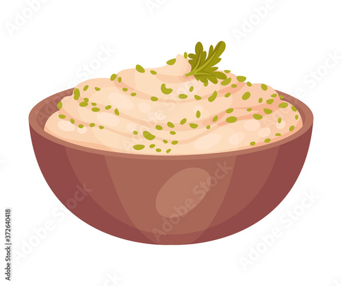 Mashed Potato in Bowl Garnished with Herbs as Thanksgiving Day Attribute Vector Illustration