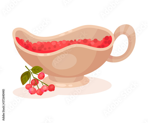 Cranberry Sauce Served in Ceramic Bowl and Berry Twig as Thanksgiving Day Attribute Vector Illustration