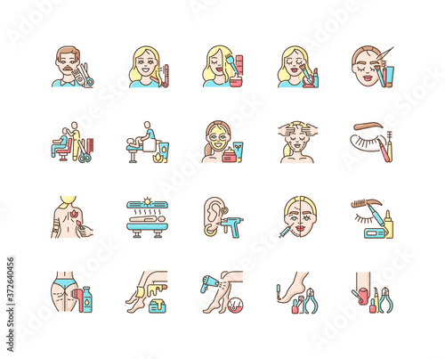 Beauty salon RGB color icons set. Anti cellulite program. Lash making. Face fitness. Hair styling and cutting. Body art. Beauty procedures. Beautician services. Isolated vector illustrations