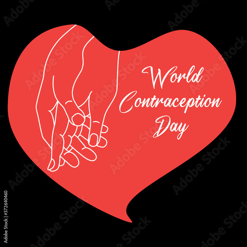 Celebration of the World Contraception Day. Hands in a red heart on a black background. The mans palm hugs the womans palm. tenderness and safe sex. Vector illustration