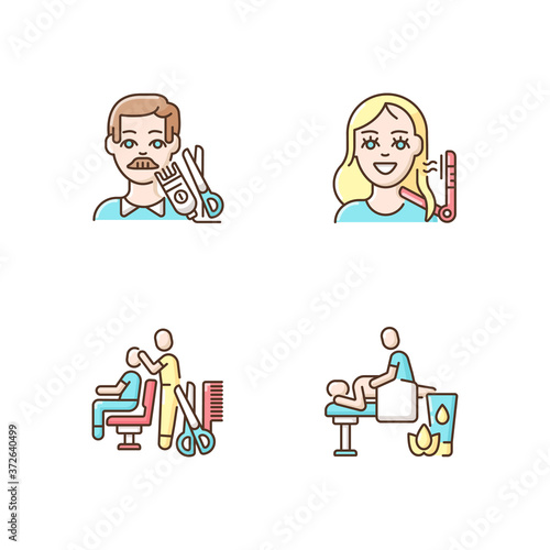 Hair and body care RGB color icons set. Men haircutting. Women hairstyling. Massage therapy. Wellness studio. Hairdresser service. Beautician services. Isolated vector illustrations