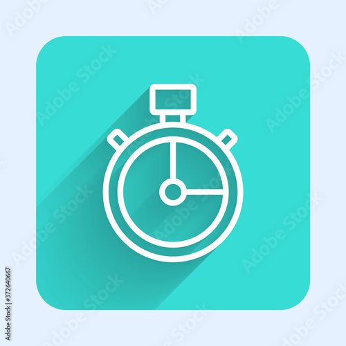 White line Stopwatch icon isolated with long shadow. Time timer sign. Chronometer sign. Green square button. Vector.