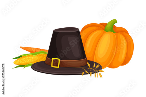 Pilgrim Hat and Agricultural Crops as Thanksgiving Autumnal Holiday Vector Composition