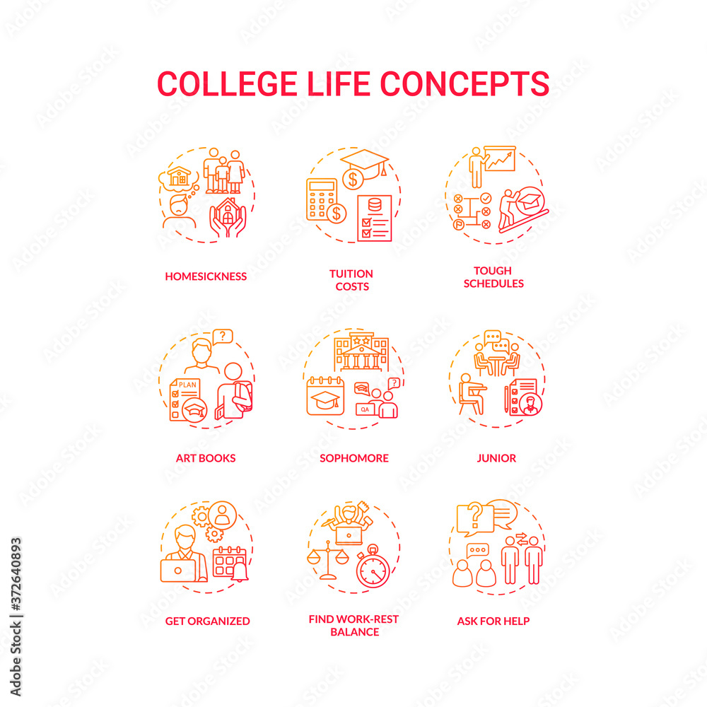 College life red gradient concept icons set. Tuition cost. Tough schedule. Sophomore, junior and senior. Student living idea thin line RGB color illustrations. Vector isolated outline drawings College life red gradient concept icons set. Tuition cost. Tough schedule. Sophomore, junior and senior. Student living idea thin line RGB color illustrations. Vector isolated outline drawings