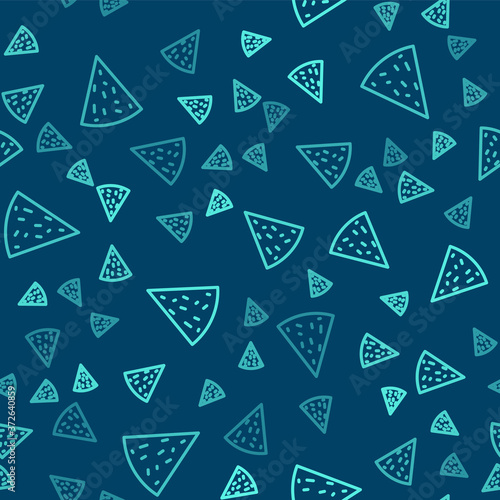 Green line Nachos icon isolated seamless pattern on blue background. Tortilla chips or nachos tortillas. Traditional mexican fast food. Vector.