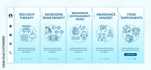 Biohacking tips onboarding vector template. Mind and body hacking, self improvement. DIY biology responsive mobile website with icons. Webpage walkthrough step screens. RGB color concept