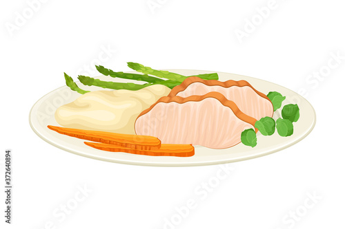 Sliced Turkey or Chicken Served on Plate with Mashed Potato and Vegetables as Thanksgiving Day Dish Vector Illustration
