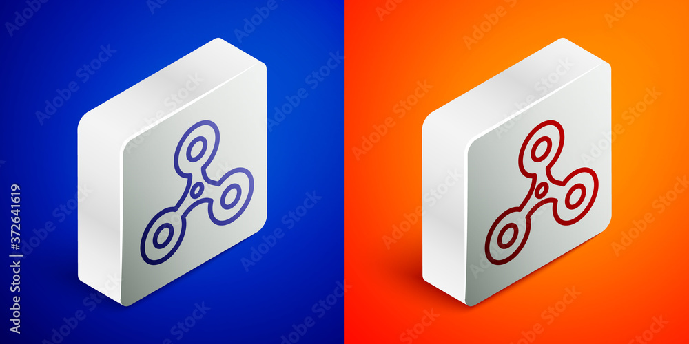 Isometric line Fidget spinner icon isolated on blue and orange background. Stress relieving toy. Trendy hand spinner. Silver square button. Vector. Isometric line Fidget spinner icon isolated on blue and orange background. Stress relieving toy. Trendy hand spinner. Silver square button. Vector.