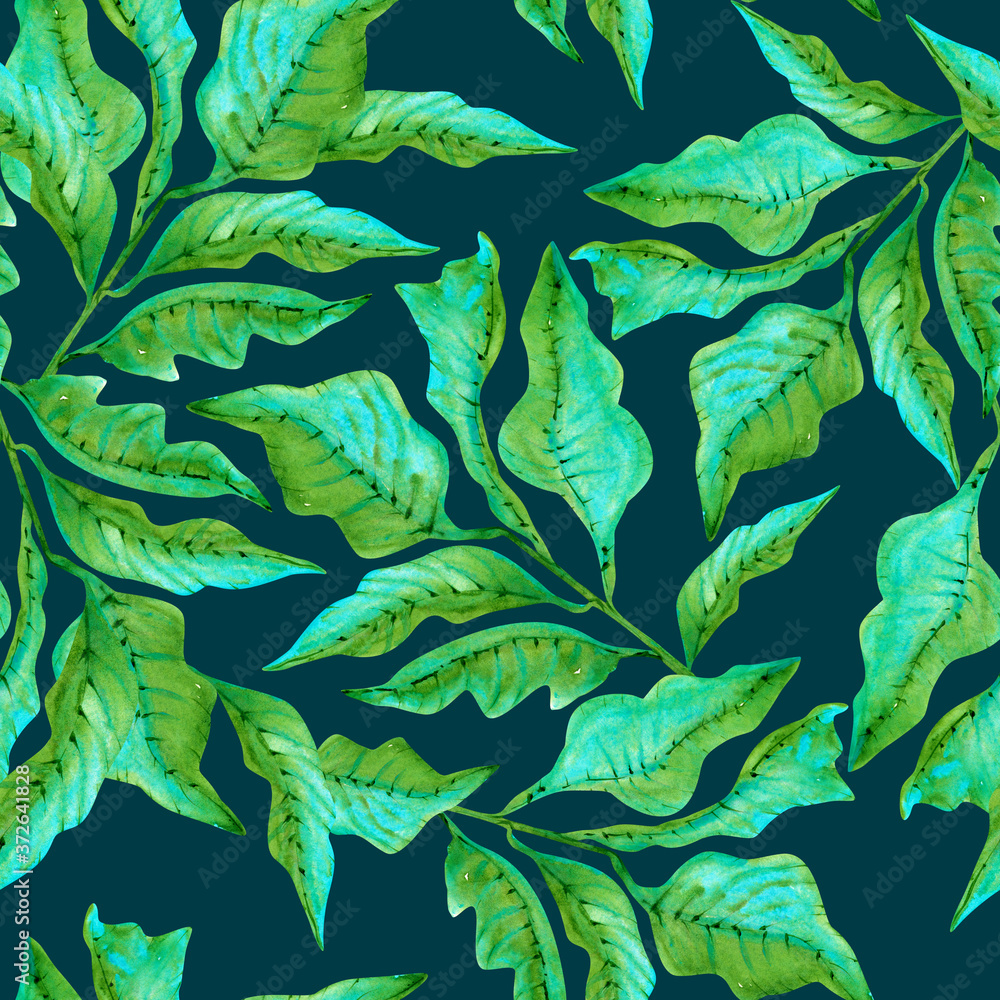 tropical teal color leaves seamless watercolor pattern on deep blue background