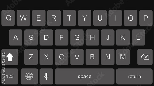 Smartphone keyboard in dark mode. Alphabet buttons in modern style. Mobile phone tab bar for text app in black. 