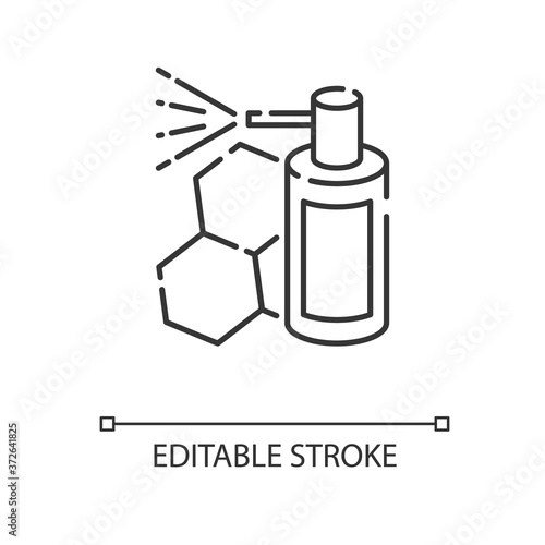 Propolis mouth spray linear icon. Organic medicine, natural bee product. Thin line customizable illustration. Contour symbol. Throat aerosol bottle vector isolated outline drawing. Editable stroke