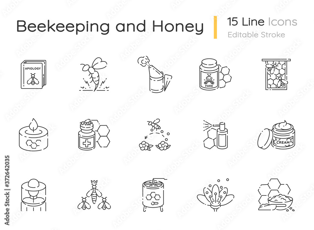 Beekeeping linear icons set. Honey making business. Apiculture, apiology customizable thin line contour symbols. Different bee products. Isolated vector outline illustrations. Editable stroke Beekeeping linear icons set. Honey making business. Apiculture, apiology customizable thin line contour symbols. Different bee products. Isolated vector outline illustrations. Editable stroke
