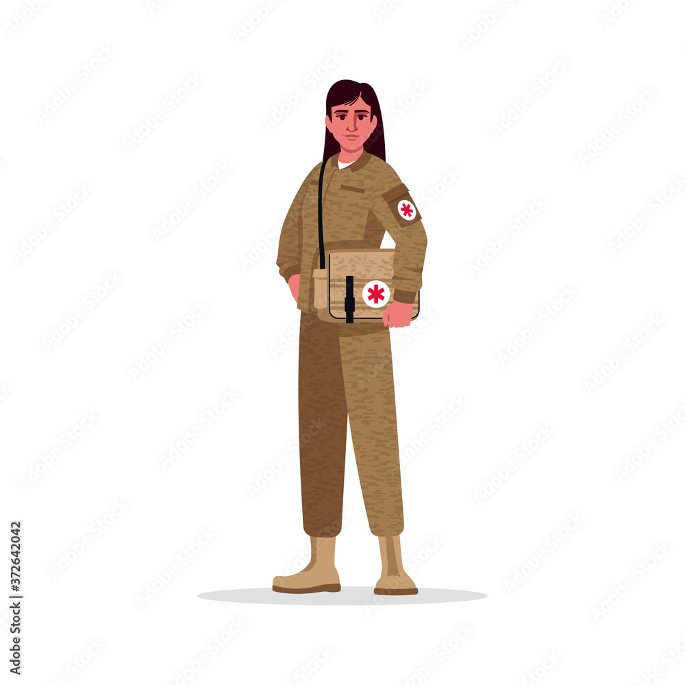 Military doctor semi flat RGB color vector illustration. Army physician. Military surgeon. Young hispanic woman working as combat medic isolated cartoon character on white background