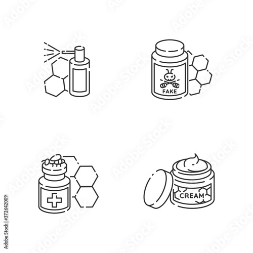 Natural bee products linear icons set. Propolis mouth spray, fake honey, apitherapy and honey skin care. Customizable thin line contour symbols. Isolated vector outline illustrations. Editable stroke