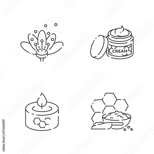 Homemade bee products linear icons set. Flower pollen, natural cosmetics, beeswax candle and propolis. Customizable thin line contour symbols. Isolated vector outline illustrations. Editable stroke