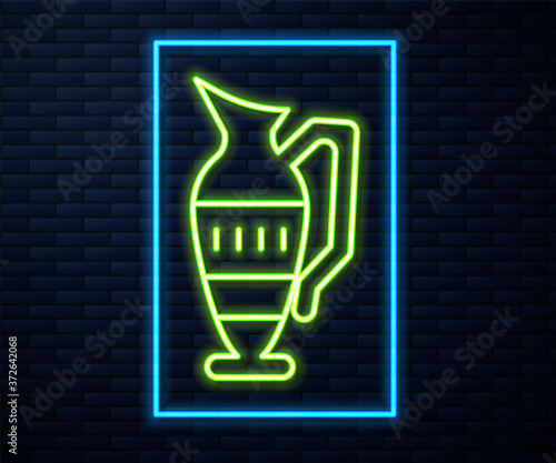 Glowing neon line Ancient amphorae icon isolated on brick wall background. Vector.