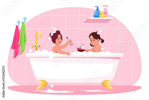 Children in bath semi flat RGB color vector illustration. Kids play with plastic toys. Bubble bath for sisters hygiene. Little girls in tub isolated cartoon characters on pink background