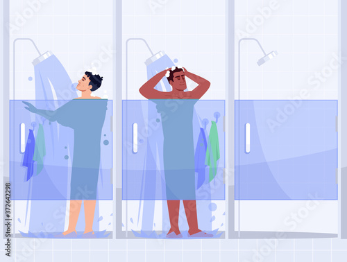 Male gym shower semi flat vector illustration. People in public shower cabins row. Man washing with soap. Cleanliness and hygiene. Multiethnic men 2D cartoon characters for commercial use
