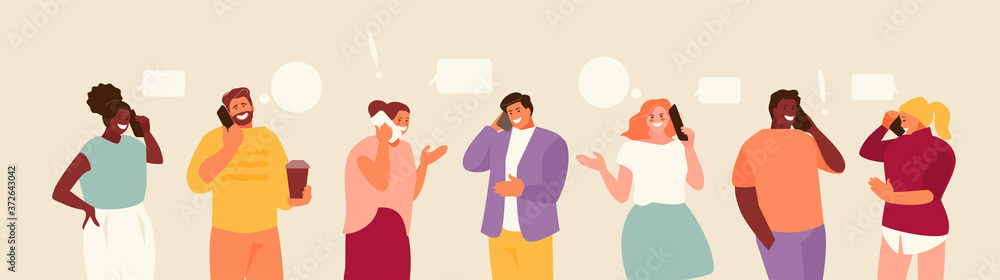 People men and women talking on the phone. Communication vector characters People men and women talking on the phone. Communication vector characters