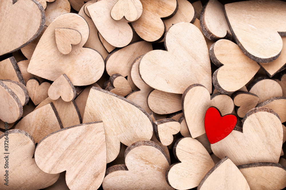 Fototapeta premium Red heart, valentine day greeting card. Wooden hearts background.