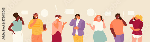People men and women talking on the phone. Communication vector characters