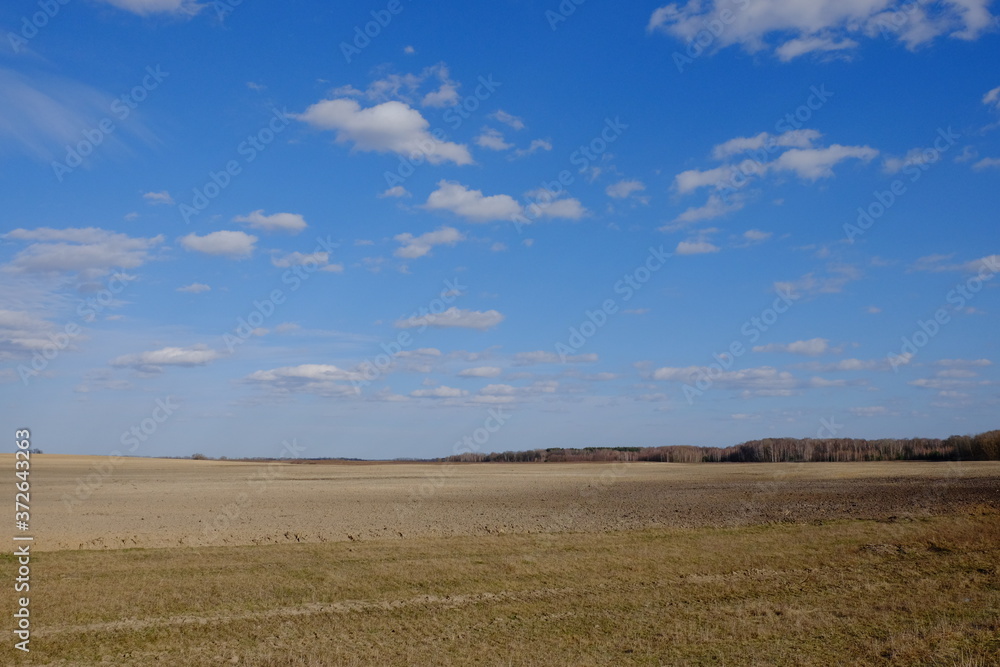 A plowed field on a sunny spring day. Blue sky over farmland. Landscape.
