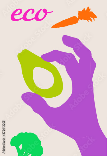Hand showing okey gesture and vegetables. Simple cartoon modern vector illustration for web and print with avocado. Variety of modern hand-drawn hand. Isolated Trendy hand icons. 