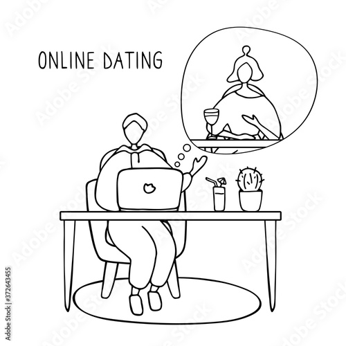 Couple chatting online during pandemic. Man and woman flirting online on dating site. Virtual dating concept. Vector flat illustration. Linear vector graphic