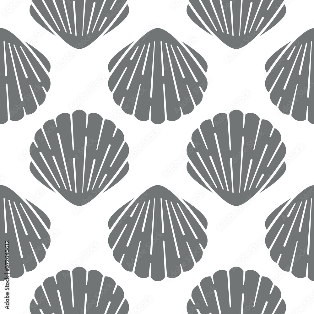 Seashell seamless pattern. Vector background included silhouette icons as ocean sea shells, scallop nautical monochrome texture for fabric Seashell seamless pattern. Vector background included silhouette icons as ocean sea shells, scallop nautical monochrome texture for fabric