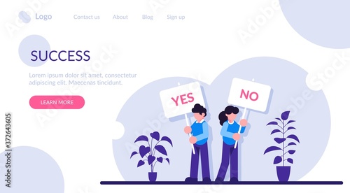 Pros and cons. Man and woman at gathering to decide advantages and disadvantages, ideas for and against. Holding yes, no signs. Modern flat illustration.