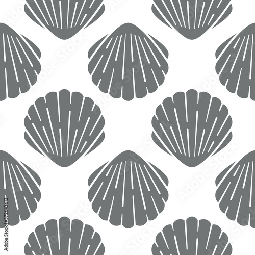 Seashell seamless pattern. Vector background included silhouette icons as ocean sea shells, scallop nautical monochrome texture for fabric