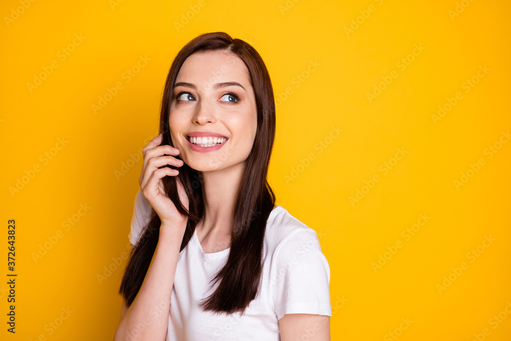 Photo of nice adorable girl look copyspace plan perfect weekend summer rest relax wear casual style outfit isolated over vivid color background Photo of nice adorable girl look copyspace plan perfect weekend summer rest relax wear casual style outfit isolated over vivid color background