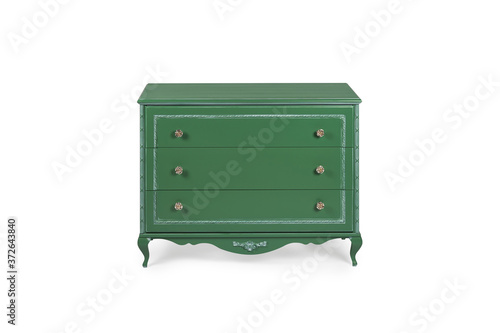 vintage chest of drawers in classic style with carved elements green color on a white background